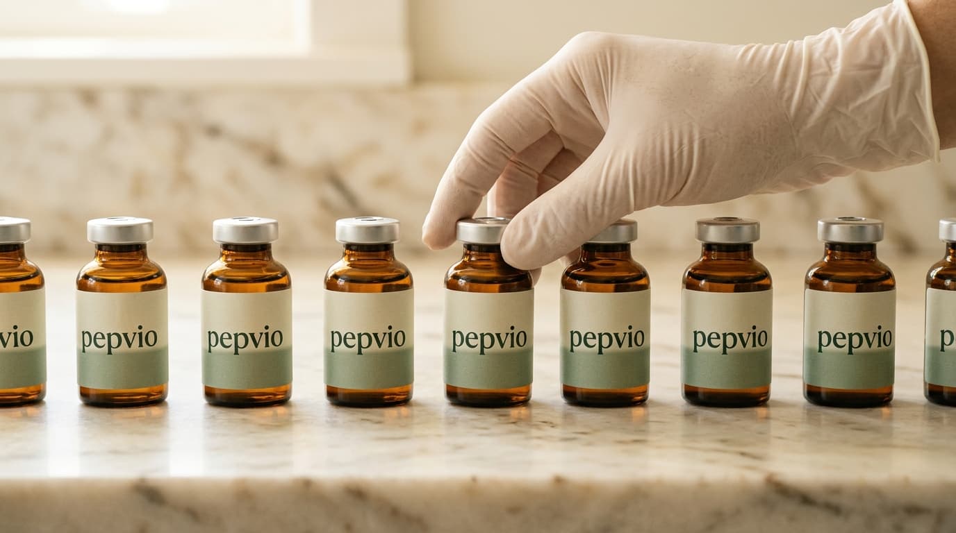 A row of pepvio-branded amber-glass medical vials with crimped silver caps on a marble pharmacy bench, with a single sterile-gloved hand reaching to one of the vials.