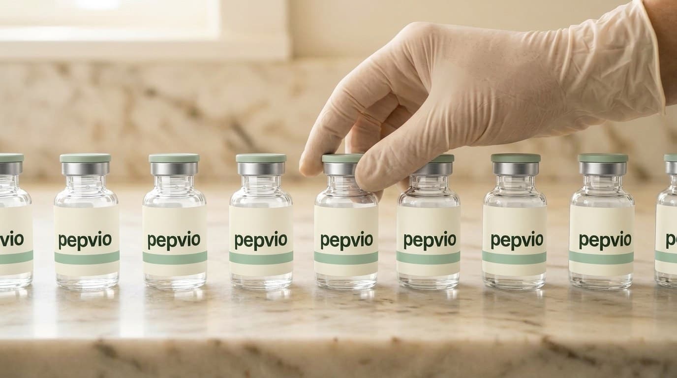 A row of pepvio-branded amber-glass medical vials with crimped silver caps on a marble pharmacy bench, with a single sterile-gloved hand reaching to one of the vials.