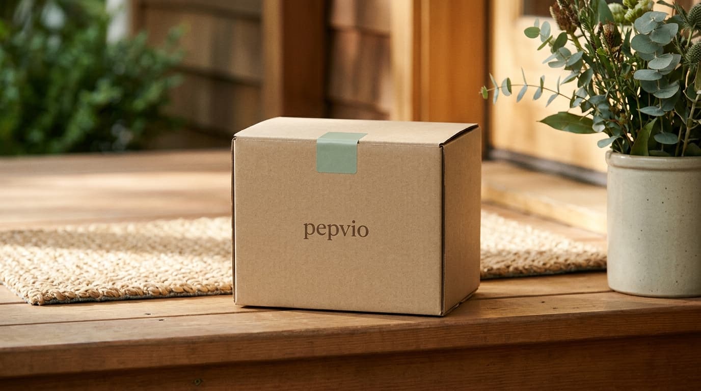 A pepvio-branded natural-cardboard shipping box on a wooden front porch with morning light and natural plants nearby.