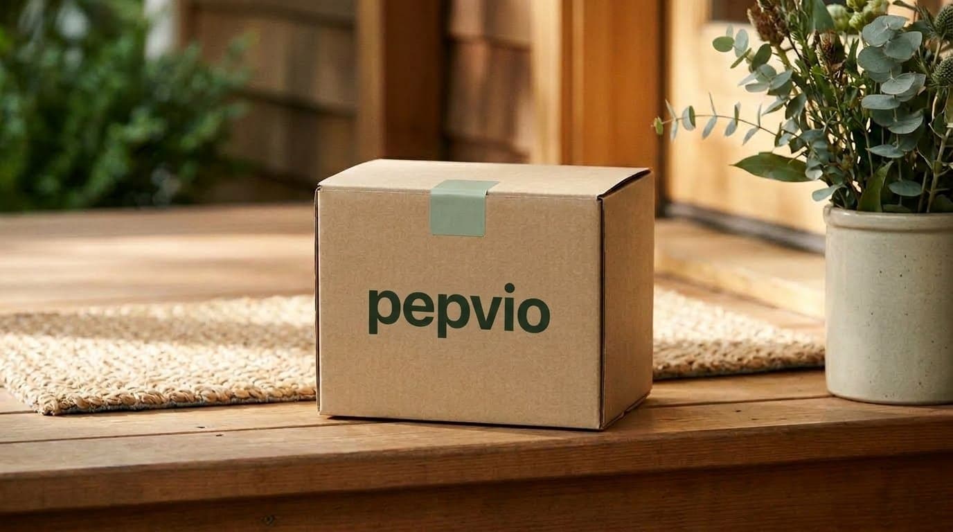 A pepvio-branded natural-cardboard shipping box on a wooden front porch with morning light and natural plants nearby.